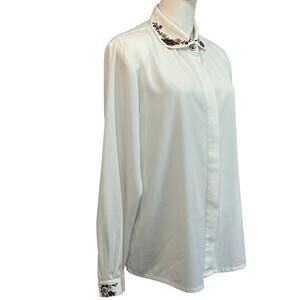 VTG Koret Embroidered Floral Blouse Large 16 White Whimsigoth Dark Academia Top